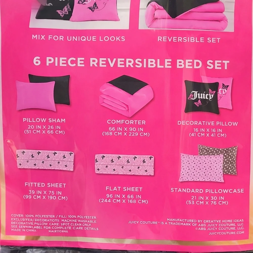 Juicy Couture 6 Piece Reversible Comforter Bed Set Pink & Black / Leopard - New